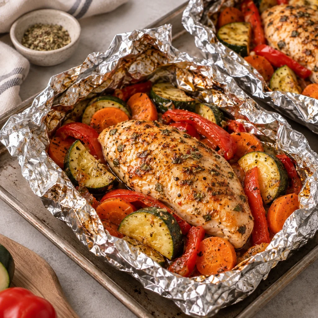 Seasoned chicken breast baked in an open foil packet with zucchini, red pepper and carrot slices on a baking tray.