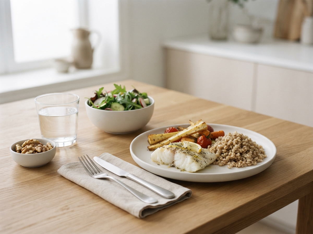 A balanced plate of baked fish, roasted vegetables and barley with a side salad
