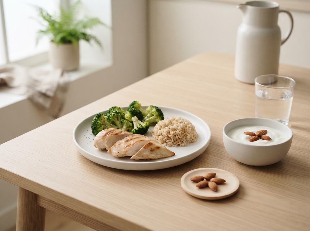 A plate of grilled chicken, broccoli and brown rice with yogurt, almonds and water