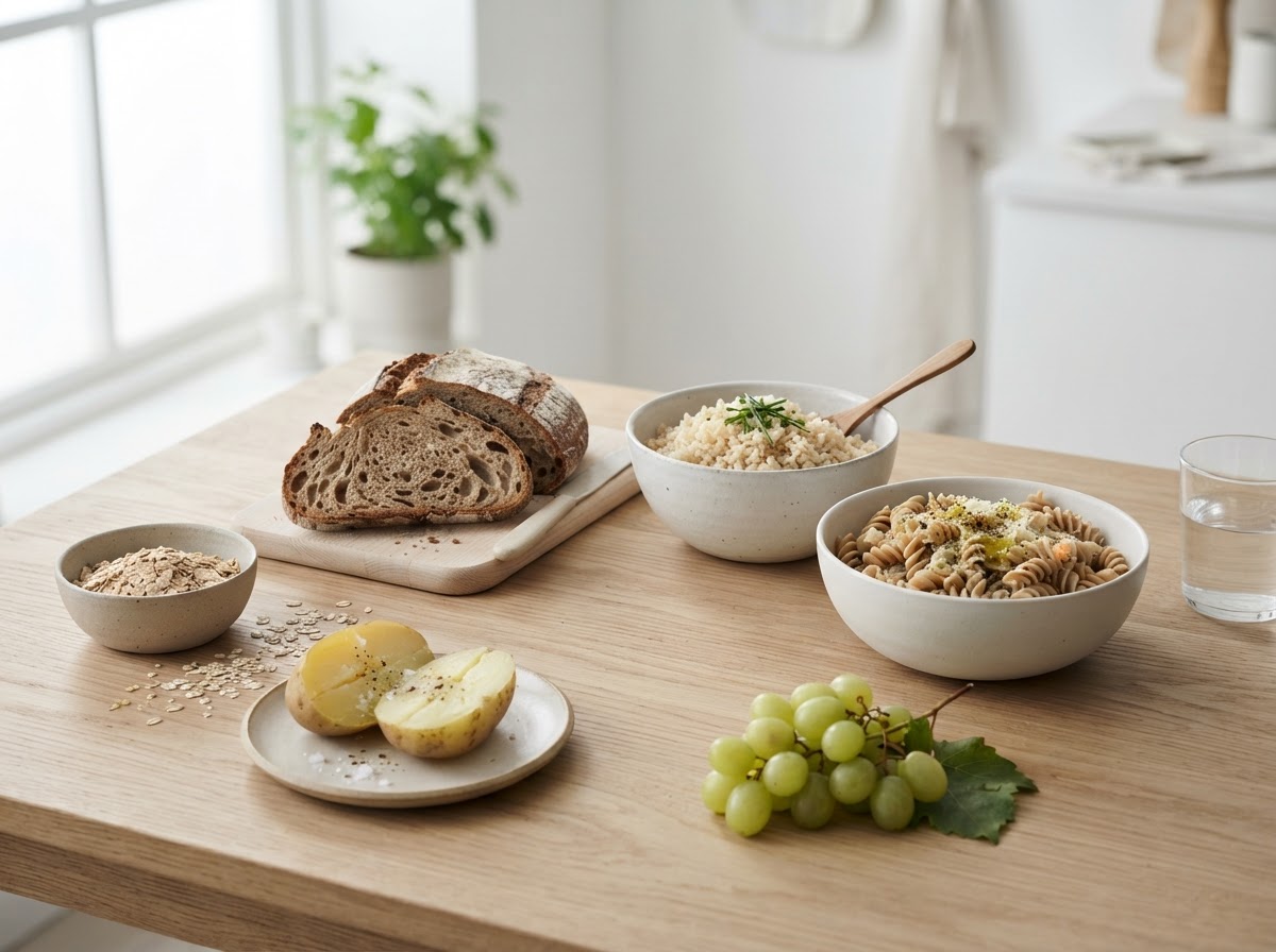Wholegrain bread, brown rice, wholewheat pasta, oats, boiled potato and grapes