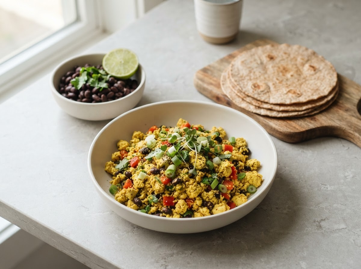 A bowl of turmeric tofu scramble with black beans, diced red pepper and green onion, a stack of whole-wheat tortillas on a wooden board and a small bowl of black beans with half a lime on a stone counter