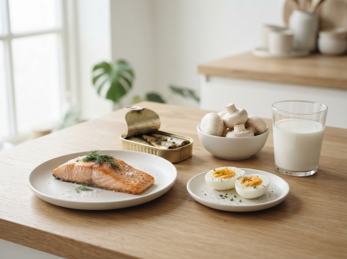 Salmon, sardines, boiled eggs, mushrooms and a glass of milk on a kitchen table