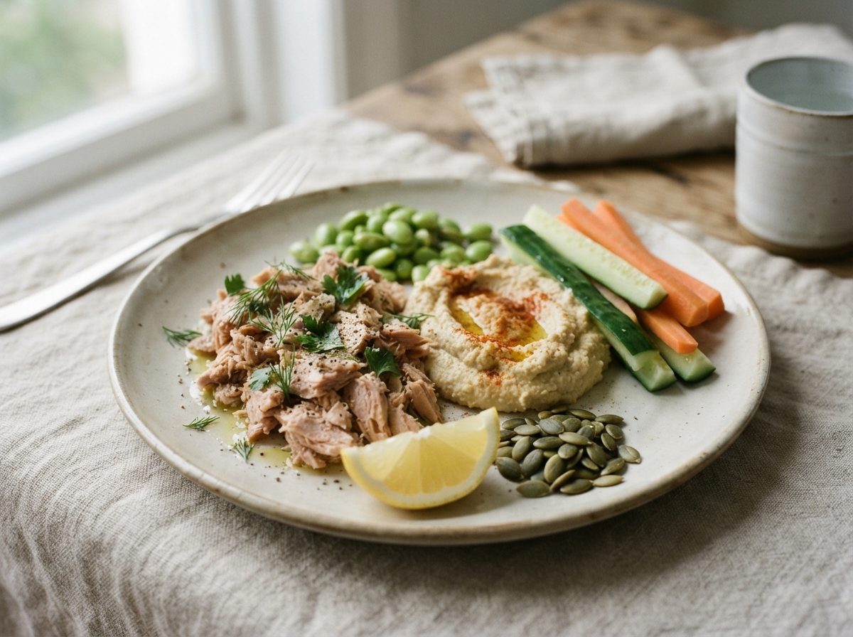A plate with tuna, hummus with vegetable sticks, edamame and pumpkin seeds on a linen cloth