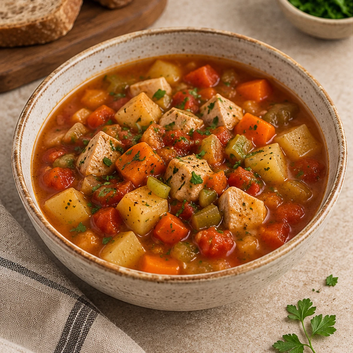 Bowl of turkey stew with cubes of potato, carrot, celery and tomato in a light broth, bread behind