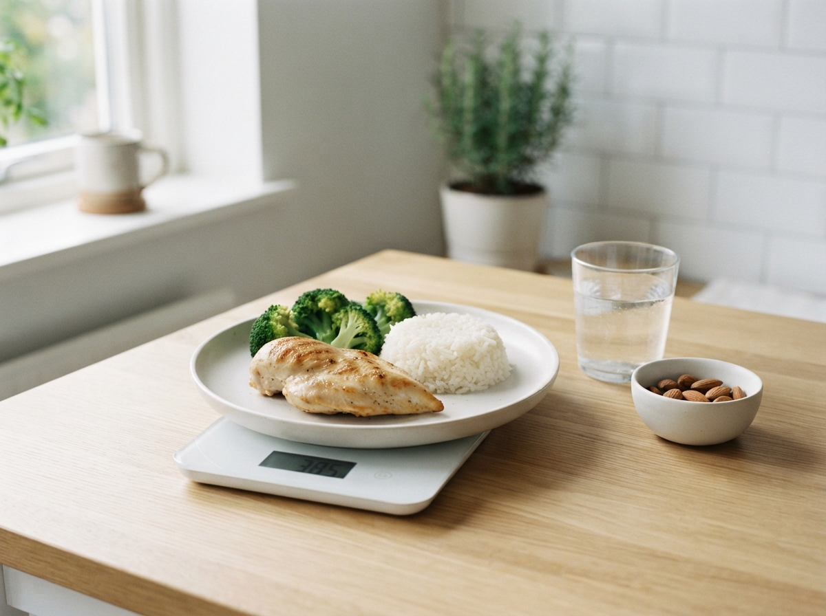 A weighed plate of chicken, rice and broccoli on a kitchen scale