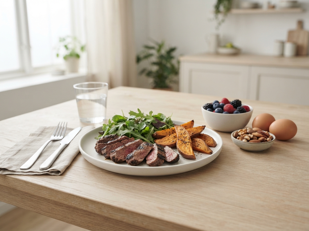 Grilled steak with roasted sweet potato, green leaves, berries, nuts and eggs
