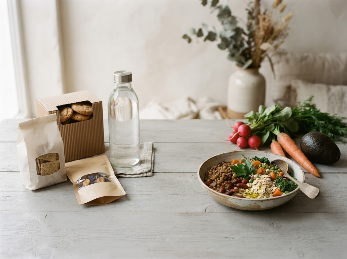 Packaged snacks and a sweetened drink on one side of a table, a bowl of beans, oats and fresh vegetables on the other