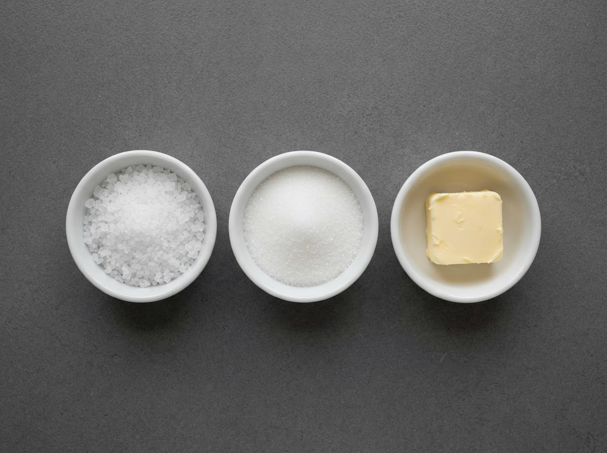 Three small white bowls on a dark grey surface holding coarse salt, granulated sugar and a pat of butter