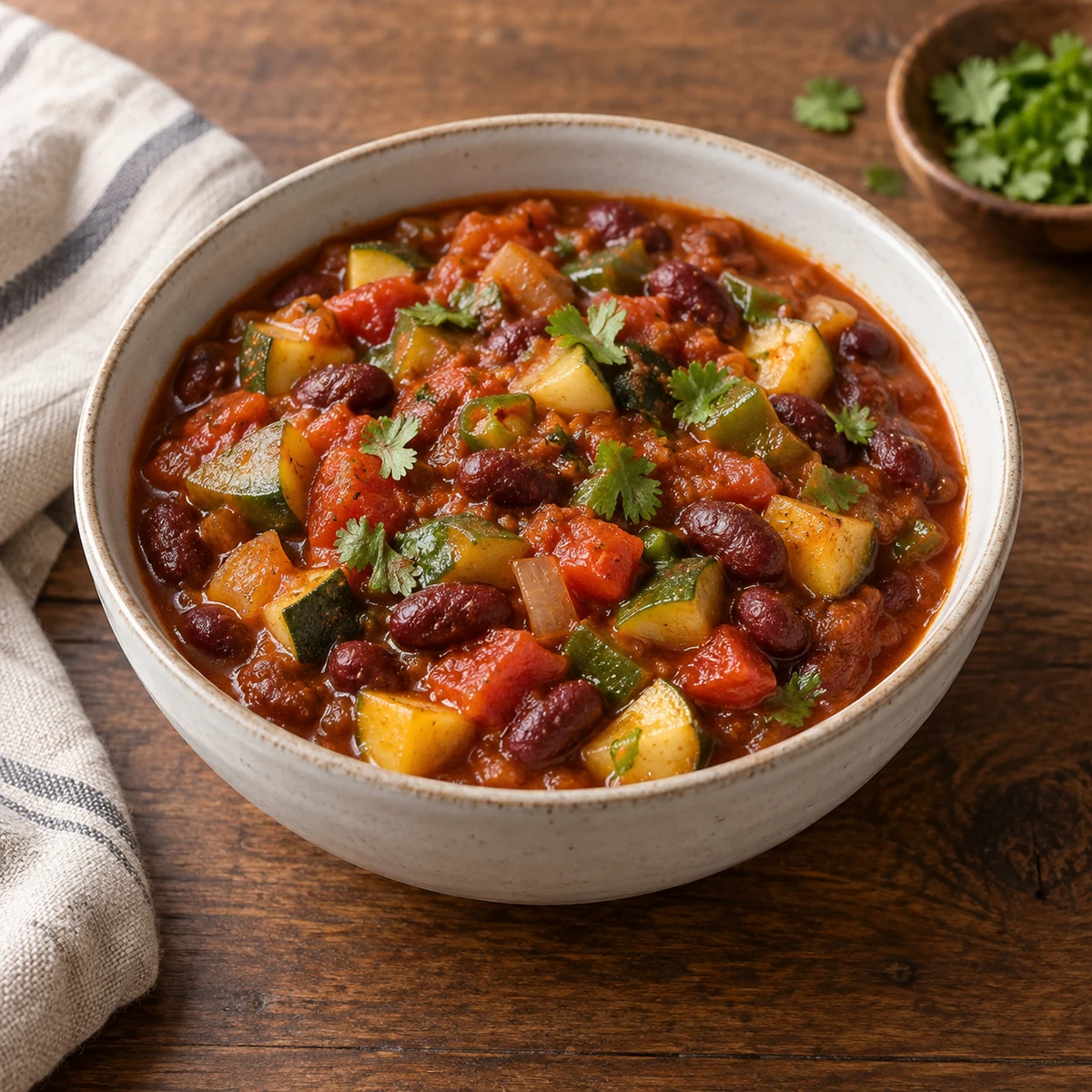 Bowl of vegetarian chili with kidney beans, zucchini, green pepper and tomato, topped with cilantro