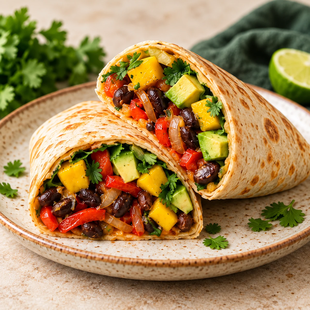 Two halves of a flour tortilla wrap filled with black beans, red pepper, avocado, mango and cilantro