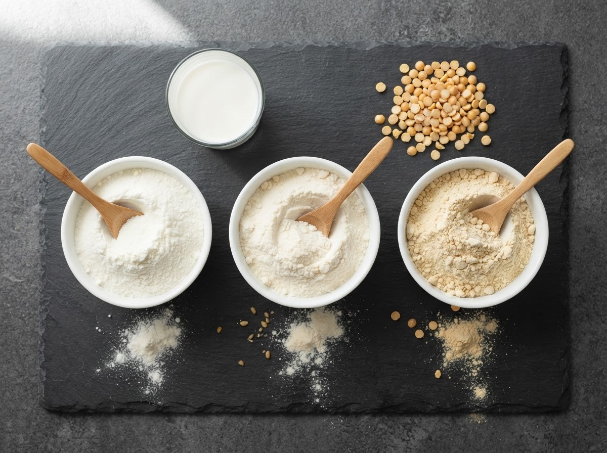 Three white bowls of protein powder on dark slate seen from above: bright-white whey, off-white casein and pale yellow pea protein, with a glass of milk and a pile of dried split peas