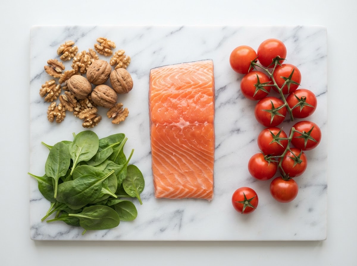 A raw salmon fillet with walnuts, fresh spinach leaves and vine tomatoes on a marble board