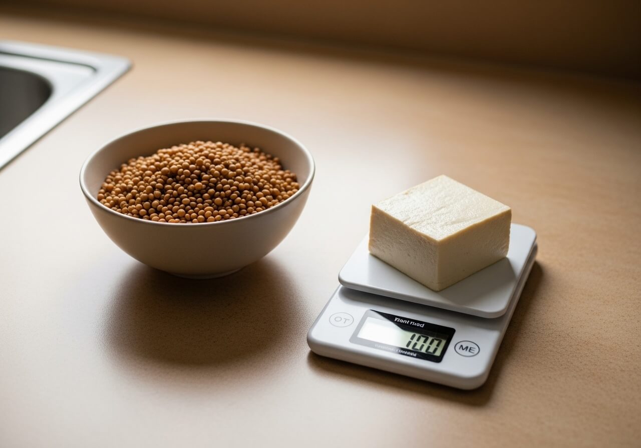 Fortified plant milk and nutritional yeast on a counter