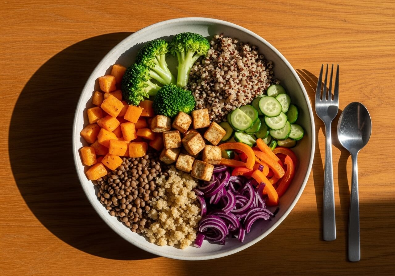 Tofu, greens and seeds on a plate