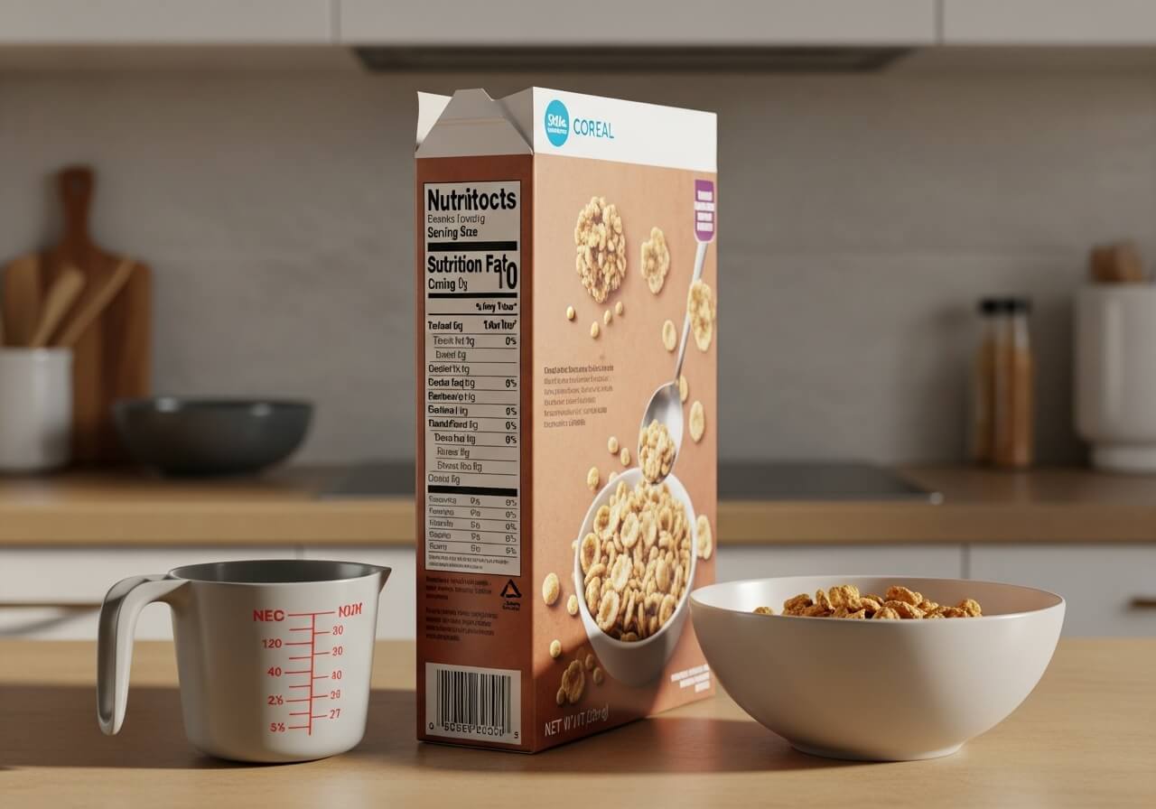 Cereal box turned to the Nutrition Facts panel next to a measuring cup and a filled bowl