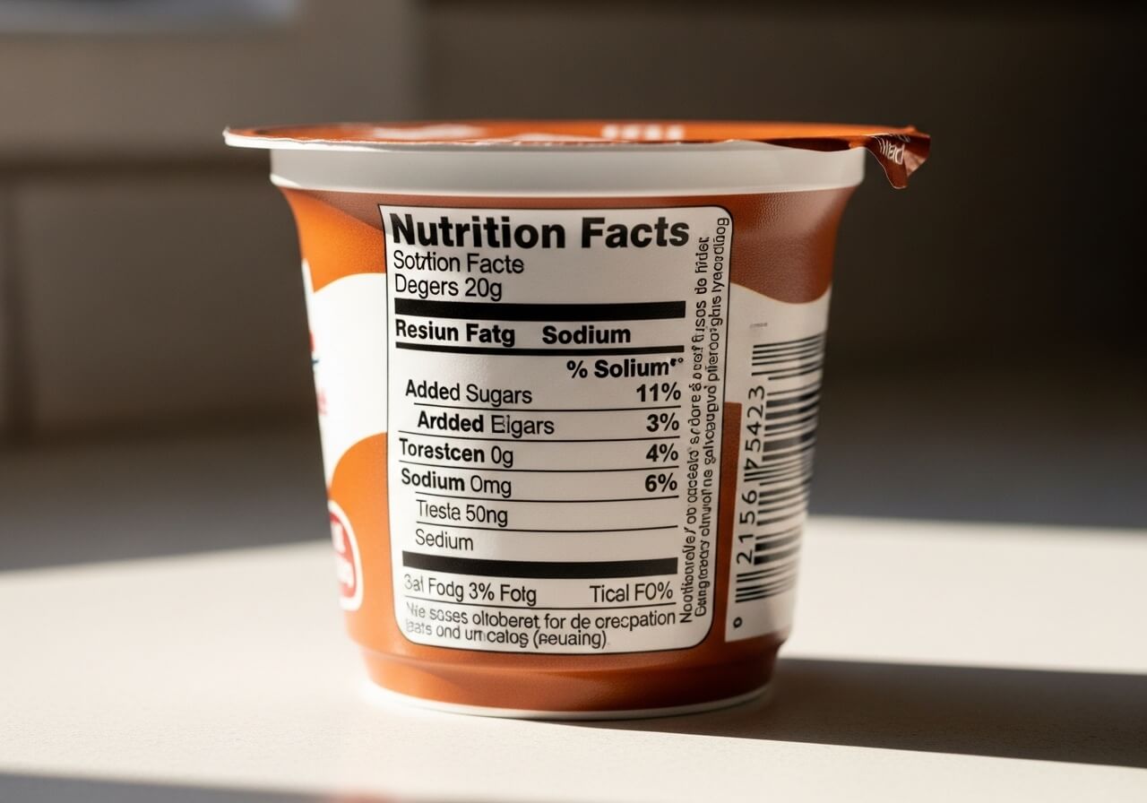 Single-serve yogurt cup showing its Nutrition Facts panel with the added sugars and sodium lines