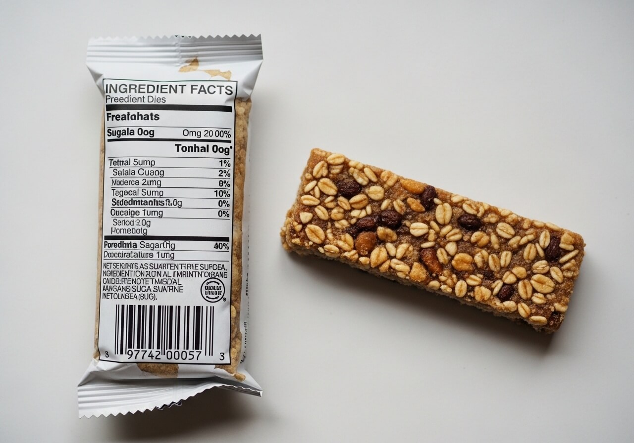 Granola bar next to its wrapper turned to show the ingredient list