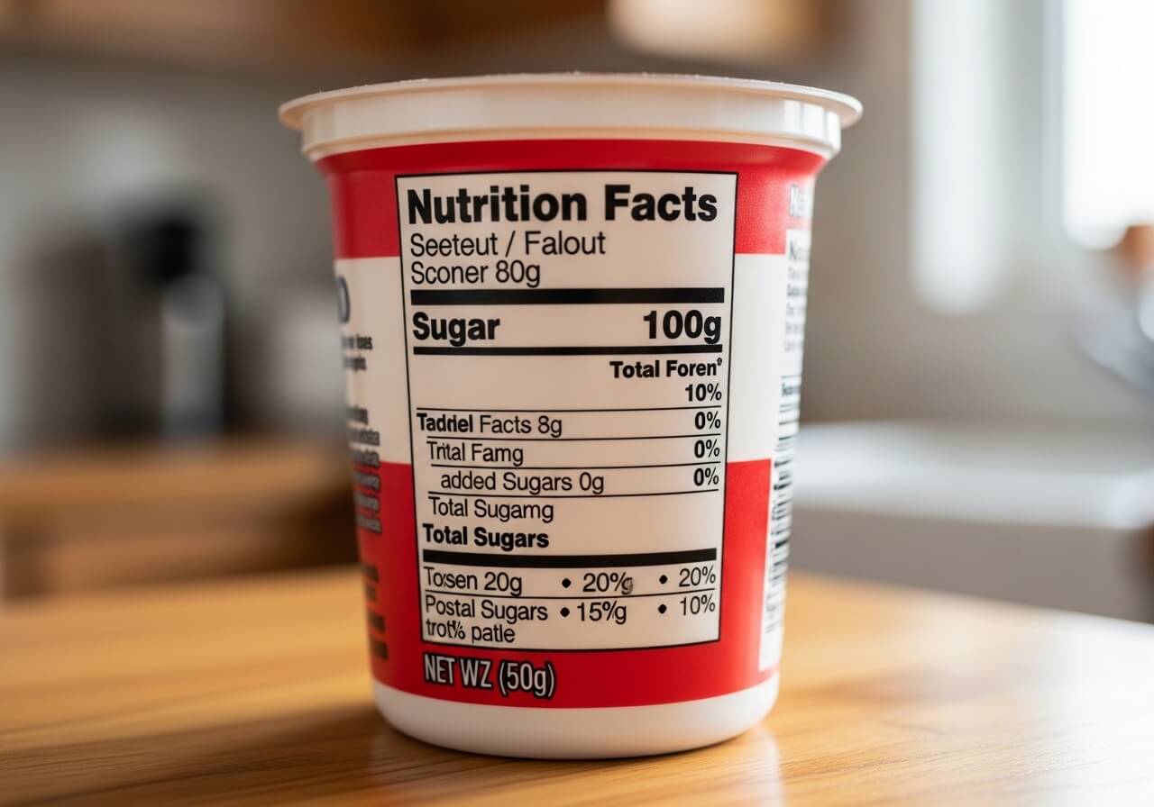 Yogurt cup showing the Nutrition Facts panel with the Total Sugars and Added Sugars lines