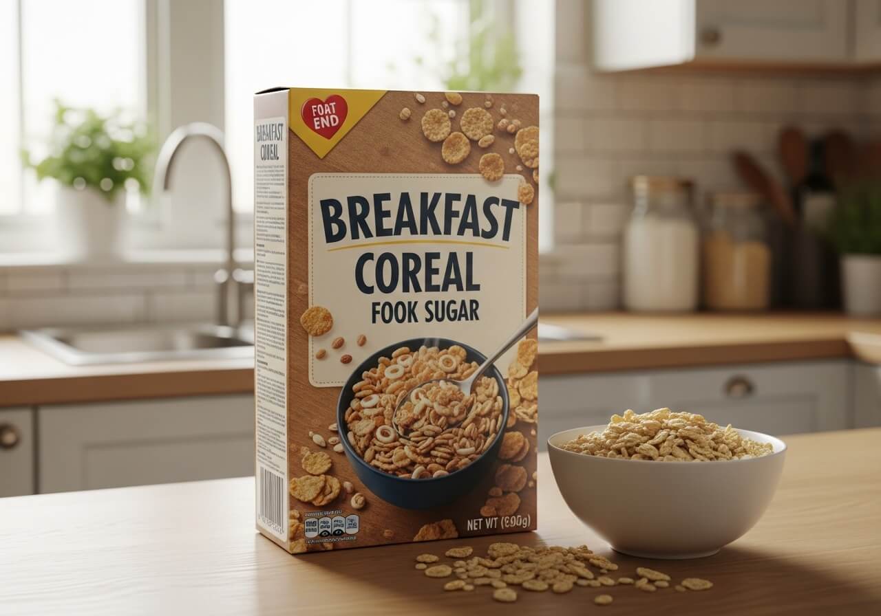 Breakfast cereal box beside a filled bowl in a kitchen