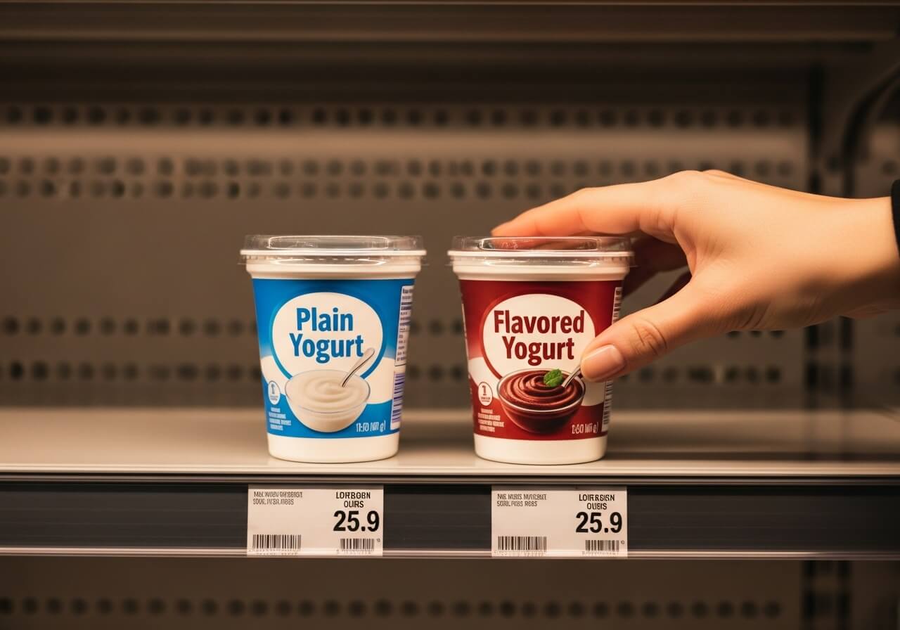 Hand choosing between a plain yogurt and a flavored yogurt on a supermarket shelf