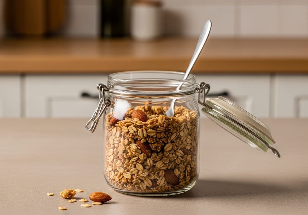 Glass jar of granola with a spoon on a kitchen counter
