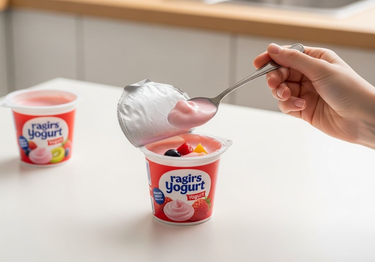 Yogurt cup with a spoon and the Nutrition Facts panel visible