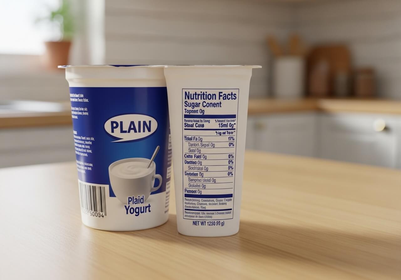Two yogurt cups side by side on a table showing their Nutrition Facts panels