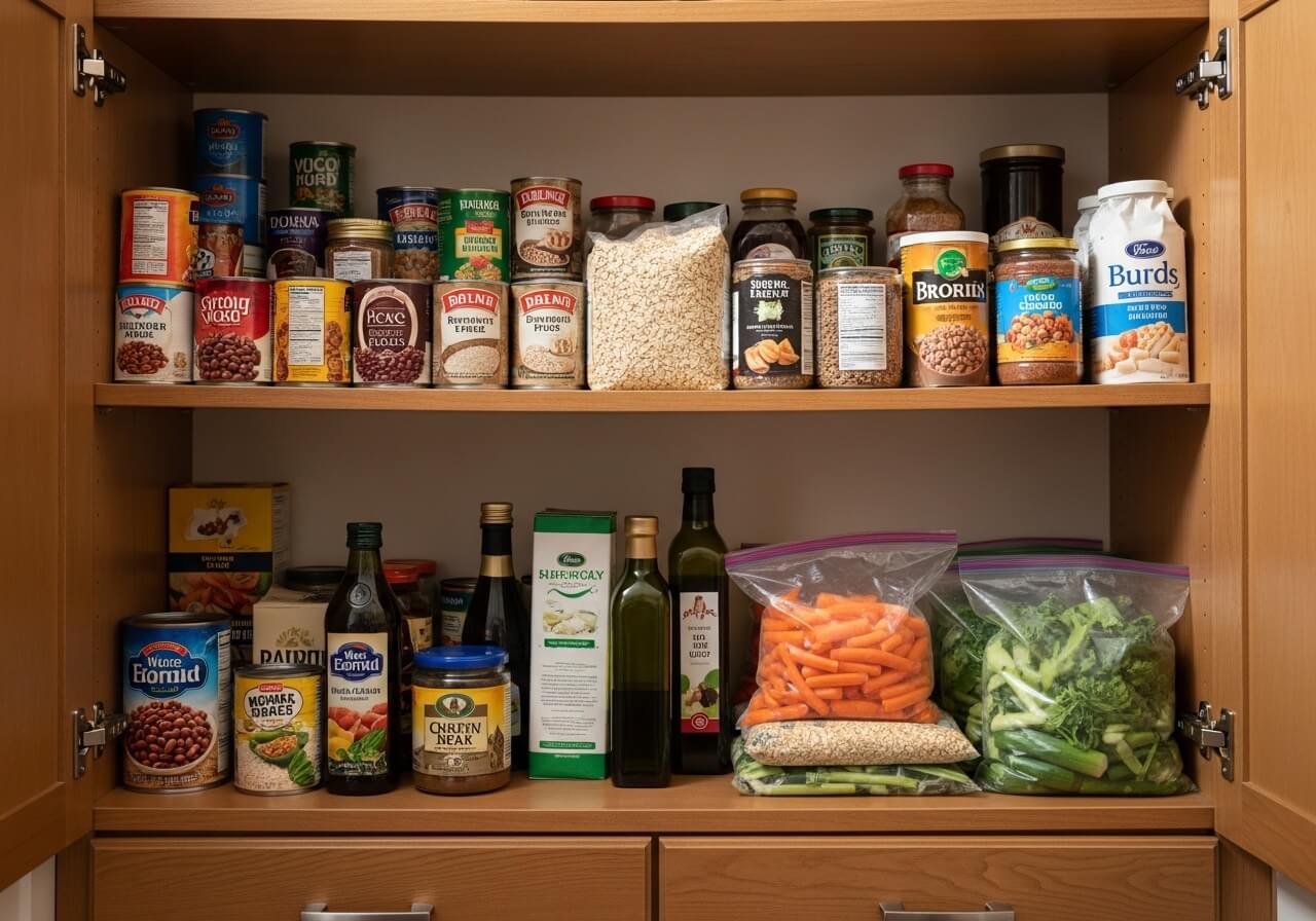 Show the kitchen environment being organized to reduce temptation and make healthier choices easier — how to eat healthy