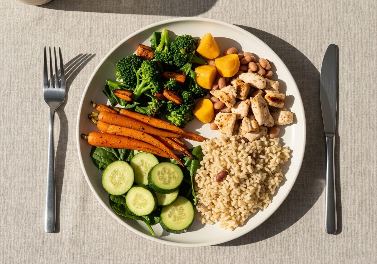 Show the visual plate method that simplifies portion control without calorie counting — how to eat healthy