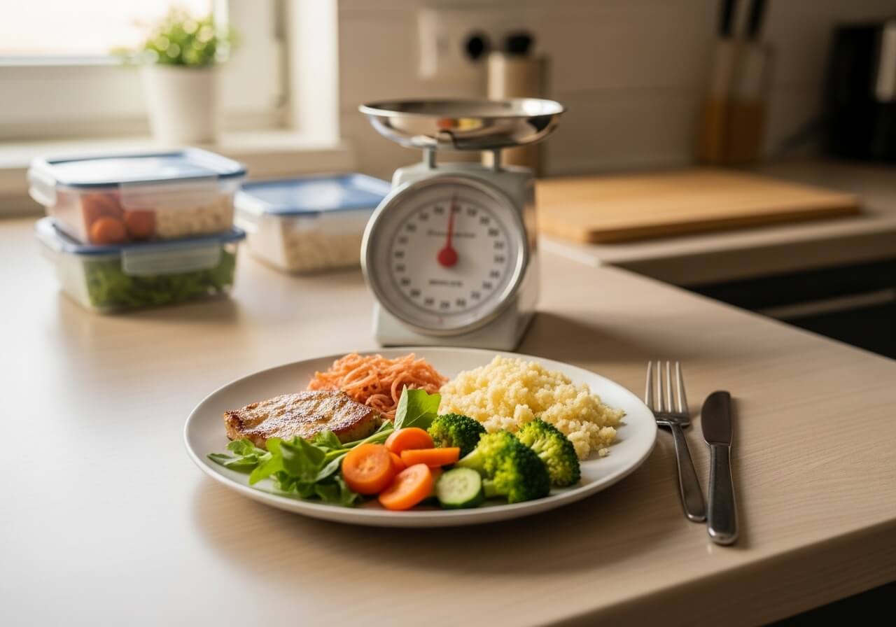 Show the underlying idea that progress depends on aligning meal portions with calorie and protein targets, not just eating “healthy” food — meal plans