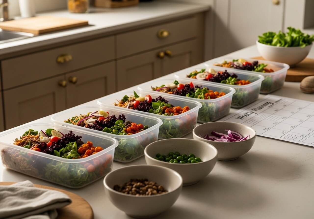 Show the concrete action of building a repeatable weekly meal rotation and portioning it for the week — meal plans
