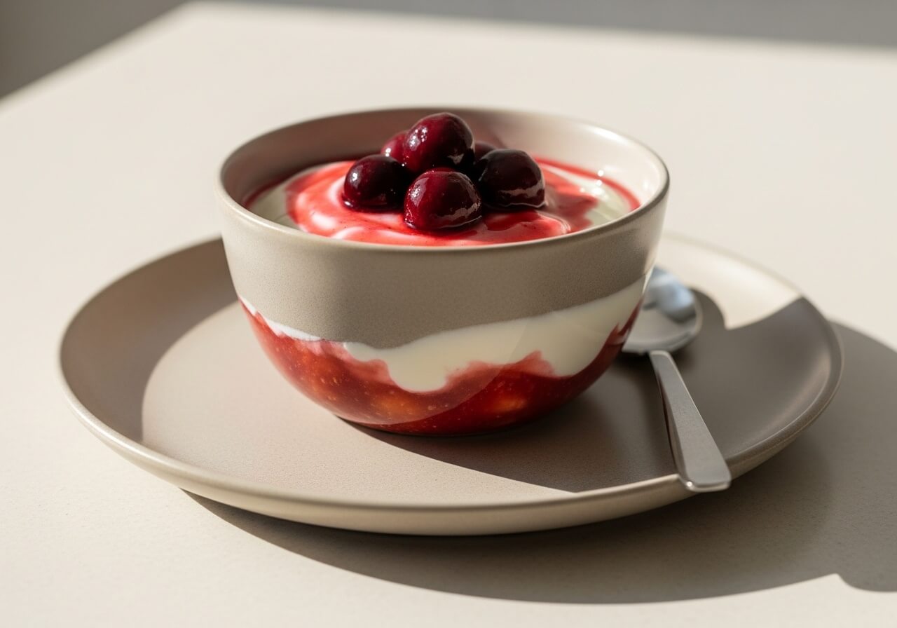 Yogurt parfait with cherry fruit layer in a glass dish