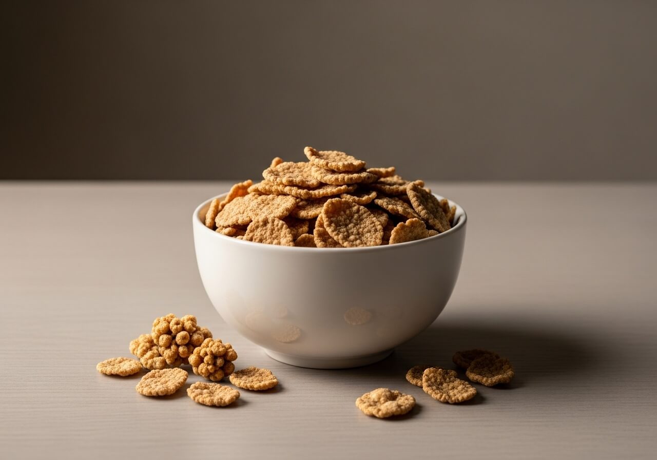 Bowl of bran cereal flakes on a table