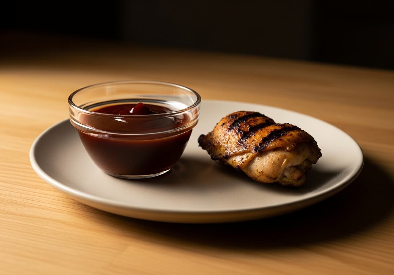 Bowl of barbecue sauce beside grilled chicken on a plate