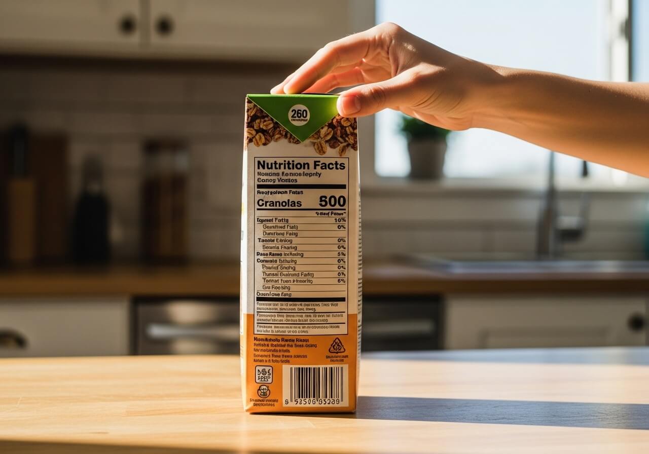 Hand holding a cereal box turned to the ingredient list and allergen statement
